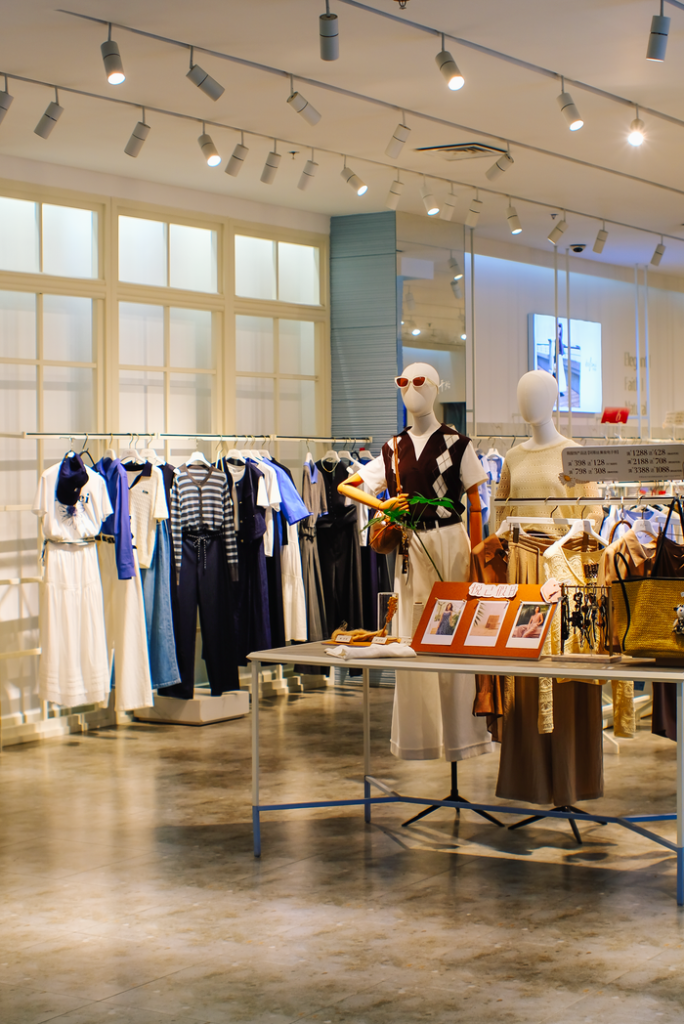 Contemporary fashion store showcasing trendy clothing and accessories on mannequins.